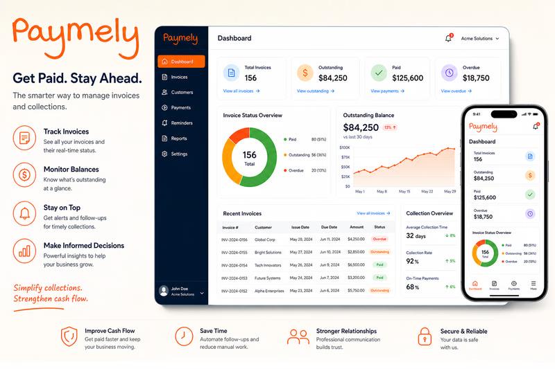 Paymely dashboard illustration on a web page and on a mobile screen