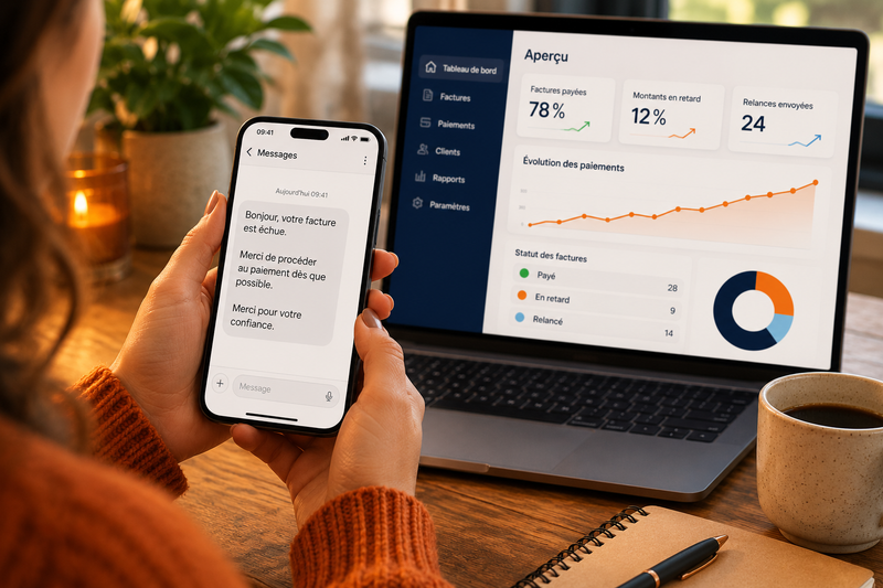Scene illustrée qui rappelle les paiements automatique via l'interface de Paymely sur un laptop et un mobile